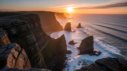 Summer sunset over ocean waves crashing against dramatic rock formations