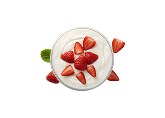 Fresh strawberries on yogurt, set against a white backdrop. A top-down view, high-res image.