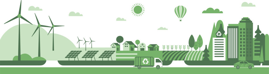 Sustainable green city landscape with wind turbines, solar panels, recycling truck, renewable energy, eco friendly urban environment flat vector illustration © Ponkaj Creatives
