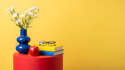 Red table with blue vase of white flowers, red apple, books, and glasses on yellow background