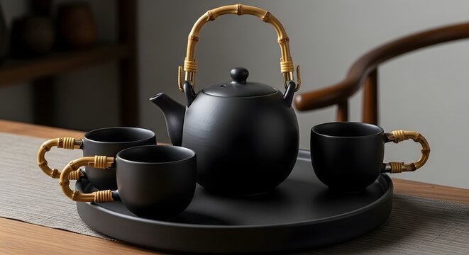 Elegant Black Teapot and Cups Set on Wooden Table