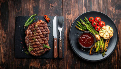 Steak and sides on plates for restaurant menu advertising flatlay. Grilled beef with veggies and sauce, rustic dining banner layout. Premium steak dinner top view with garlic bread, marketing image
