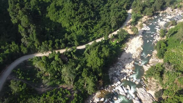 Modern river mapping is fast. Expert starts river mapping of rocky stream from air. Detailed river mapping shows hidden basins in asian mountains during scientific exploration today.