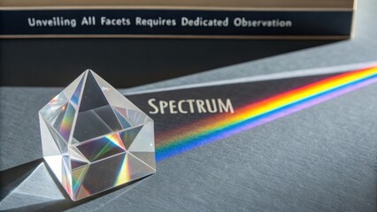 A transparent geometric prism creates a vibrant rainbow spectrum by refracting light on a dark surface with the word SPECTRUM visible