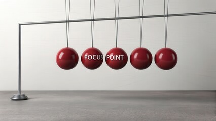 Five identical deep crimson spheres arranged in a Newton's cradle setup with 'FOCUS POINT' highlighted