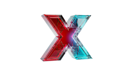 Cracked Glass Letter X with Red and Blue Halves