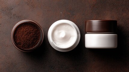 Three skincare product jars on a textured brown backdrop, viewed from above