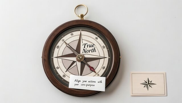 A vintage compass pointing true north with a motivational quote about aligning actions with core purpose