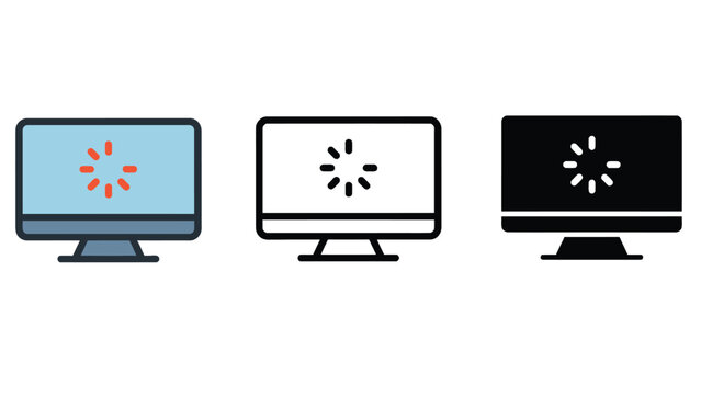 Three computer monitors with loading icons on their screens