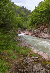 a mountain river with an unusual stone bed and waterfalls in the summer