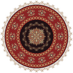 Circular rug with a floral design in red tones, featuring an intricate floral pattern.