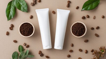Skincare still life Two tubes, coffee grounds, and leaves on a beige background