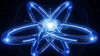 Futuristic atom model glowing blue energy particles science technology innovation digital background