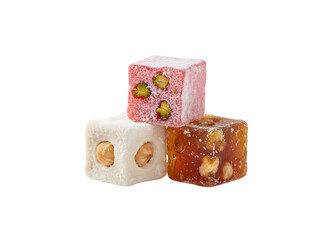 Turkish 3 Delight set against a white background with a clipping path

