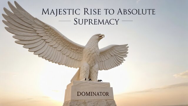 Majestic Alabaster Eagle Sculpture 'Dominator' Symbolizing Rise to Supremacy Under Dawn Sky