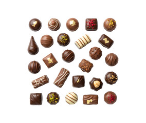 Top-down perspective of several chocolate pralines on a white background

