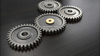 Five dark grey metallic gears interconnected on a dark surface, showcasing teamwork and mechanical precision