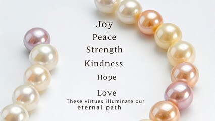 Six luminous iridescent pearls arranged with words of virtues and their illuminating path