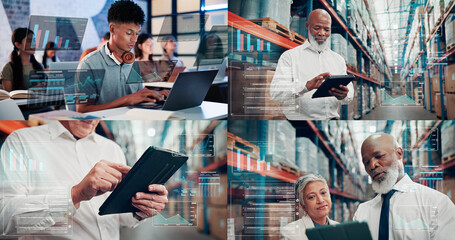 Collage, people and data on tech for logistics, track stock turnover and inventory metrics. Employees, digital and graph overlay for supply chain, cryptocurrency charts and stats increase for sales