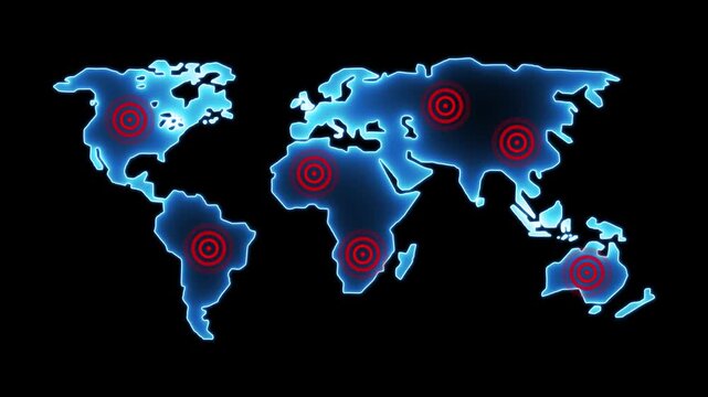Global map with pulsing red targets on continents in motion