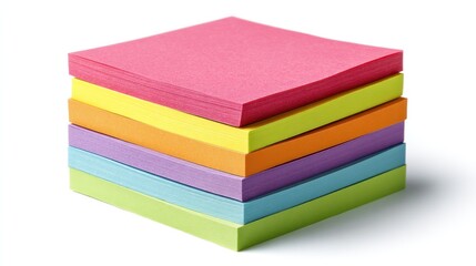 Stack of square sticky notes in graduated vibrant colors, casting a soft shadow on a white surface