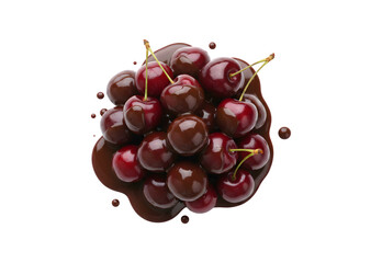 sour cherries and melted chocolate on a white background, seen from above