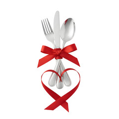 Cutlery bound with a red ribbon in the form of a heart, isolated on a white backdrop. Ideal for a romantic Valentine's Day dinner. Restaurant celebration vibes!