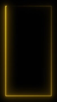 Glowing yellow neon rectangle vertical border frame animated on black background. Neon rectangular frame loopable. Neon lines frame animation.