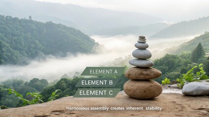 Perfectly balanced stack of smooth stones resting on a rock overlooking a misty mountain valley
