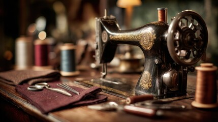 An antique sewing machine, dark-toned, sits on a wooden table, surrounded by spools of thread, fabric scraps, and sewing implements; soft, warm lighting