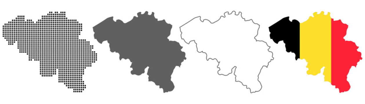 Belgium map set with dotted solid outline and flag style vector illustration