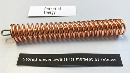 Shiny copper spring coil object representing potential energy in a science demonstration
