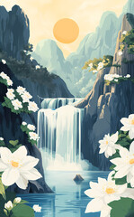 Peaceful Mountain Waterfall with Blossoms