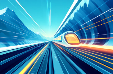 High-Speed Train through Futuristic Tunnel