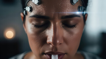 Close Up of Woman with Brain Activity Sensors During Neuroscience Test