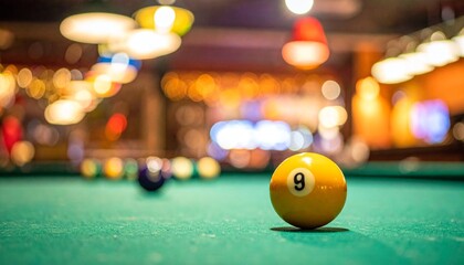 Yellow 9-ball on pool table with bokeh bar lights