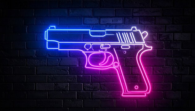 Neon handgun outline in blue and pink on dark brick wall