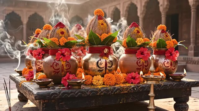 Traditional Navadurga Worship Rituals with Sacred Pots, Flowers, and Offerings in an Ancient Indian Temple Setting