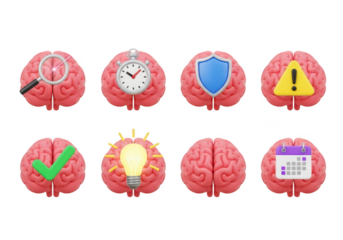 Collection of brain icons representing ideas, security, time, and planning isolated on transparent background
