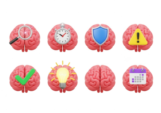 Collection of brain icons representing ideas, security, time, and planning isolated on transparent background - Powered by Adobe