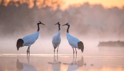 Obraz premium 朝霧の湿原に立つ丹頂鶴
