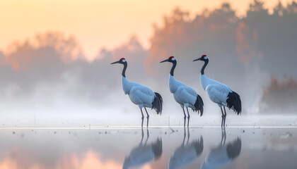 Obraz premium 朝霧の湿原に立つ丹頂鶴