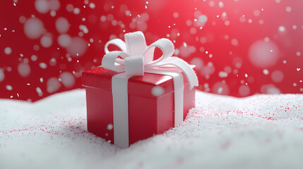 Red Gift Box in Snow with Festive Snowflakes