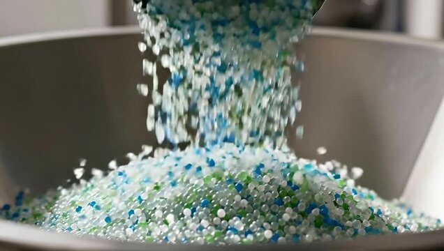 Recycled Plastic Pellets Falling into a Container for Reprocessing.