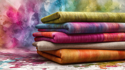 A stack of colorful fabric samples with an artistic backdrop. The fabric has a textured appearance and is neatly folded, creating a visually appealing arrangement