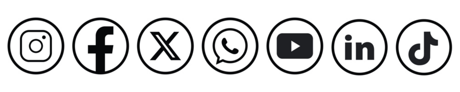 Social media logo icons. Facebook, Instagram, X , Twitter , YouTube, LinkedIn, WhatsApp & TikTok, flat icon isolated on transparent background. EPS 10