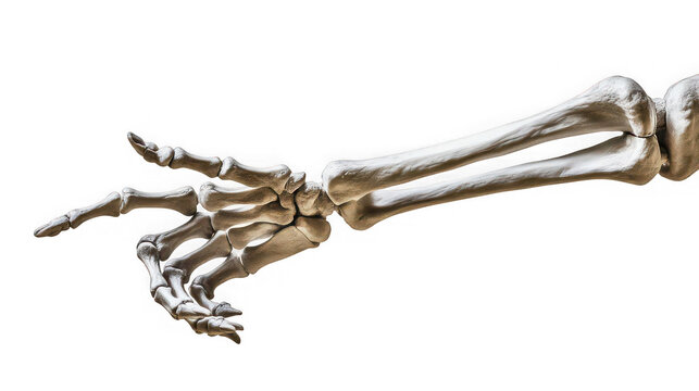 Realistic 3D Human Skeleton Hand and Arm Reaching Out Isolated on White Background

