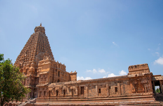 Brihadeeshwara Temple complex showing main part and gopura viewing from a side. 