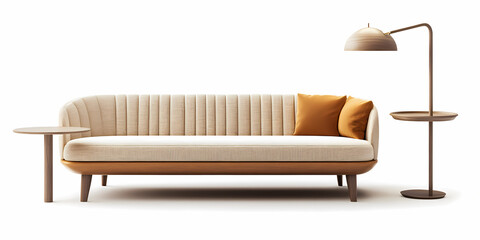 Modern Beige Sofa with Side Table and Lamp