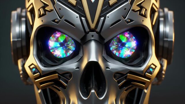 &ldquo;Cyber skull relic, titanium plating, silver vents, dark gold tribal design, crystal eyes